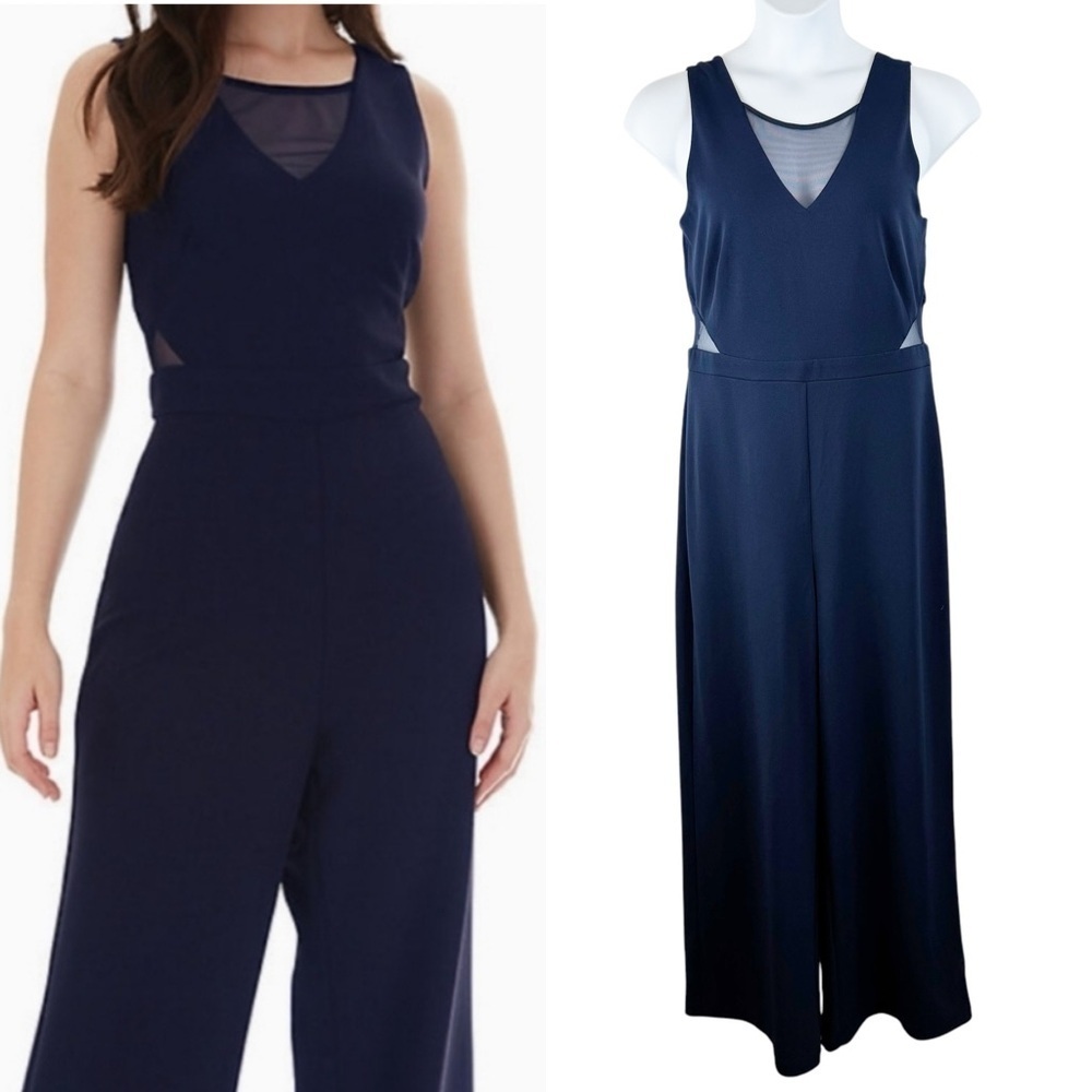 IZ Byer Navy Illusion Sides V Neck Wide Leg Scuba Crepe Jumpsuit Size XXL - Picture 1 of 13